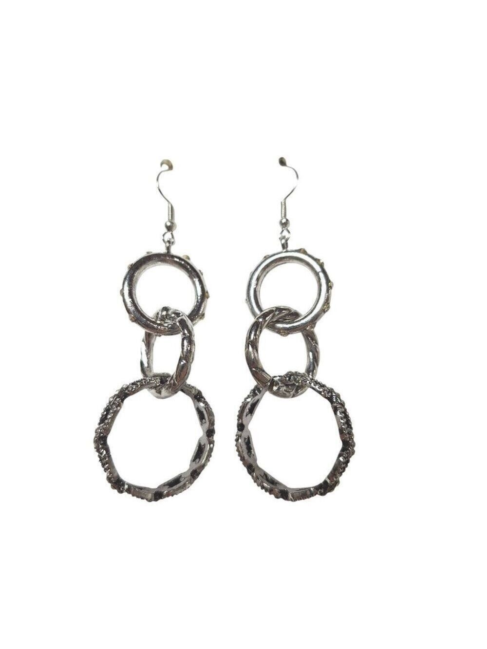 Silver Tone Triple Hoop Dangle Earrings Rhinestone